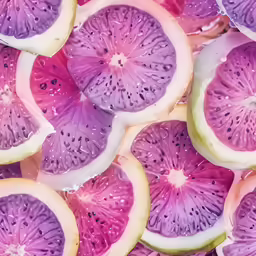 purple fruits are cut up and arranged in a pattern