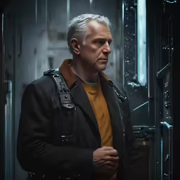 a man in a black jacket looking away from the camera
