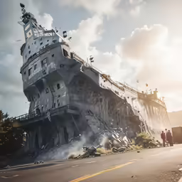 people watch the huge cliff - climbing building that has been partially gone
