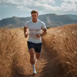 the runner is jogging on the trail in the field