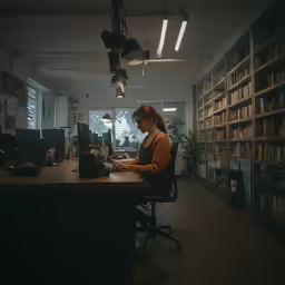 woman sitting at desk in library working on a laptop computer