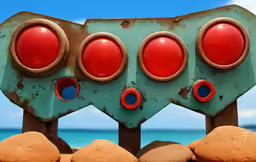 a close up of two red lights attached to a large sign