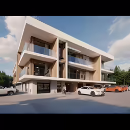 a white car and an orange car parked in front of a modern building