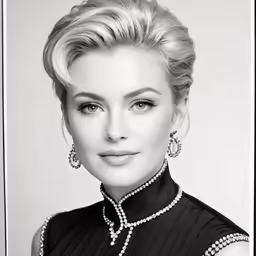 a woman with blonde hair wearing earrings and a black dress