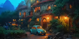 a small car parked on a street between two houses