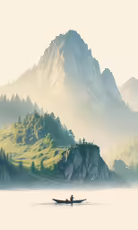 a person on a small boat is in the middle of the lake