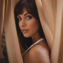 an image of a woman that is peeking out from behind curtain