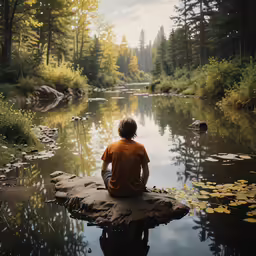 there is a boy sitting on the rock looking at the lake