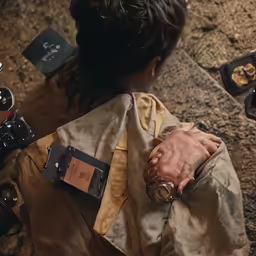 someone wearing an electronic watch and sitting in front of cameras