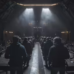 a couple of men standing in front of a stage