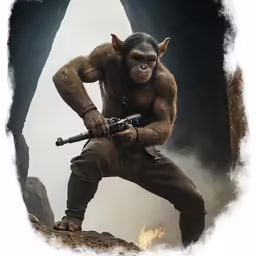 a 3d computer rendering of a man with a gun and bigfoot