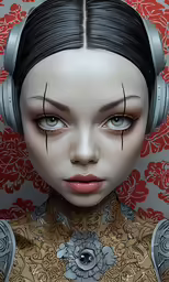 a doll with ear pieces and some hair