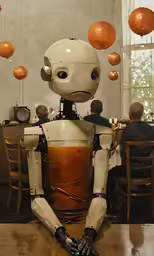 a robot sitting in front of some paper lanterns