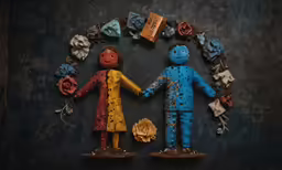 two figures of people holding hands standing behind a wreath