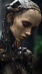 an image of a face with metal wires in it,a statue is standing in the rain and wearing a mechanical helmet