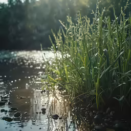 a bunch of grass is growing by a river