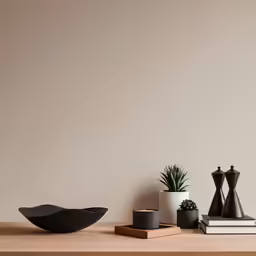 several decorative items, including a plant and book on the table