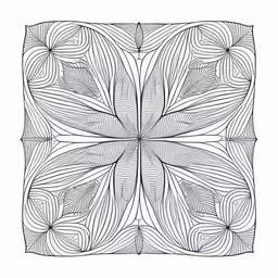 a square shaped drawing in a black and white pattern,a square pattern with different shapes on it,an intricate geometric design is drawn in ink on paper,an illustration made in line, that shows the movement and direction of shapes,a black and white line art drawing depicting leaf shapes