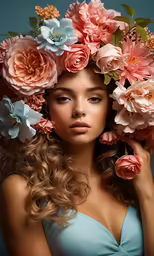 a girl wearing an arrangement of flowers in her hair