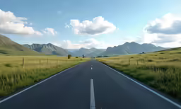 a long empty road through some beautiful green mountains