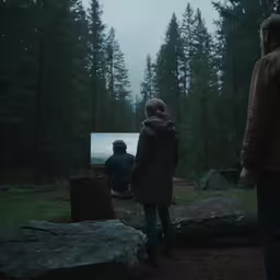 a couple of people standing by trees in the woods