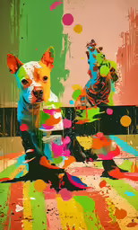 a painting of a dog, another painting of people