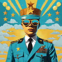 a person in blue with glasses and a star hat,an illustration shows a blue man wearing a military uniform