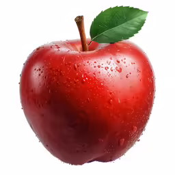 the ripe red apple with green leaves on it