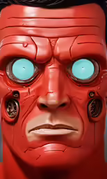 a red head and eyeball, with wires coming out of the eyes