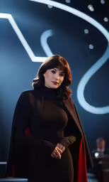 the beautiful woman is posing in a black gown and cape