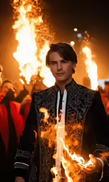 a man is holding up a fire in front of his face