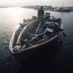a boat full of junk sits on the water