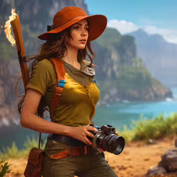 a woman holding a camera and a rifle in front of a beautiful landscape,a woman holding a camera with a large hat on