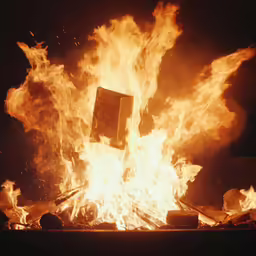 a person sits in front of a burning fire