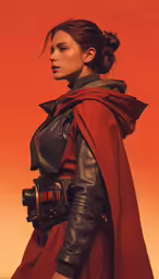 a woman in leather attire with cape on