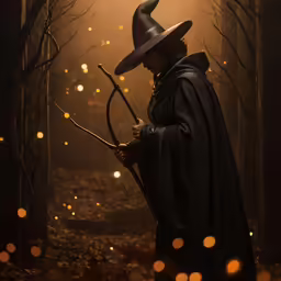 a wizard in the middle of a forest with wand and halo