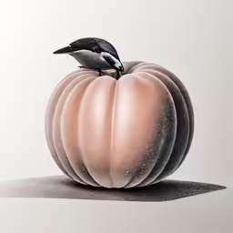 a painting of a small bird sitting on top of a big pumpkin
