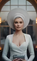 a woman in a dress and hat standing holding a tablet