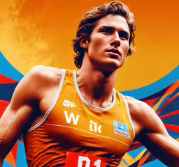 a digital painting of a man holding a tennis racket,a man in an orange shirt holding a tennis racquet