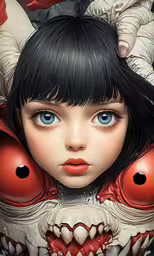 a girl with a creepy mask and big red eyes