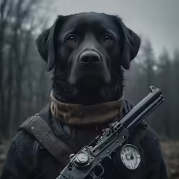 the dog is holding a gun and its muzzle