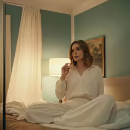 the woman is sitting on the bed having fun