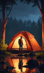 a man standing next to a bright orange tent,there is a man standing in the woods with his tent