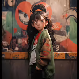a young girl wearing a green jacket and looking off in front of a mural