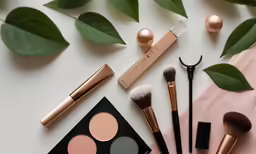 different makeup items are sitting on a sheet next to some leaves