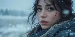 the woman wearing a scarf looks out into the distance