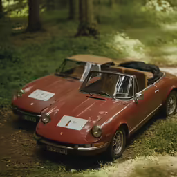 a red sports car sits parked on the grass