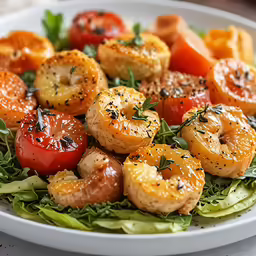 this is a photo of a salad with shrimp, tomatoes and herbs