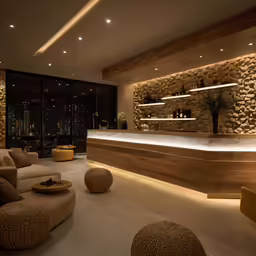 the modern looking lounge has a stone wall
