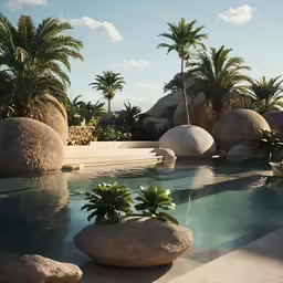 a pool with water and rocks surrounded by palm trees